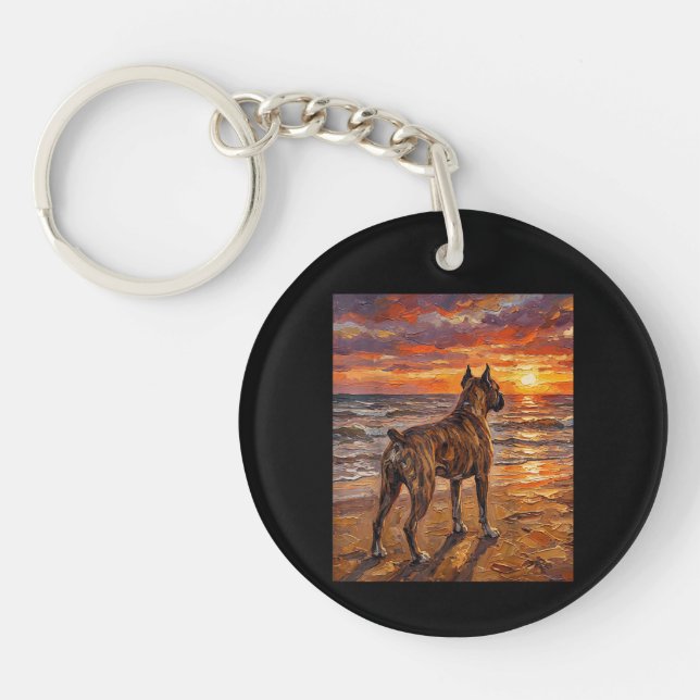 Brindle Boxer at Sunset Beach Boxer Dog Art Gift Key Ring (Front)