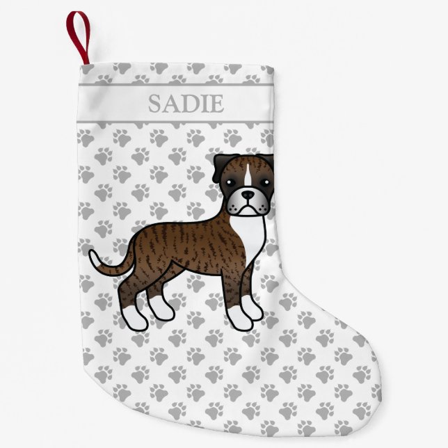 Brindle Boxer Cute Cartoon Dog & Name Small Christmas Stocking (Front)