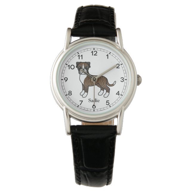 Brindle Boxer Dog Cute Illustration & Custom Name Watch (Front)