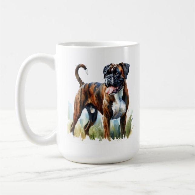 Brindle Boxer Dog featured in Watercolor Coffee Mug (Left)