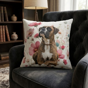 Brindle Boxer Dog & Wildflowers Cushion