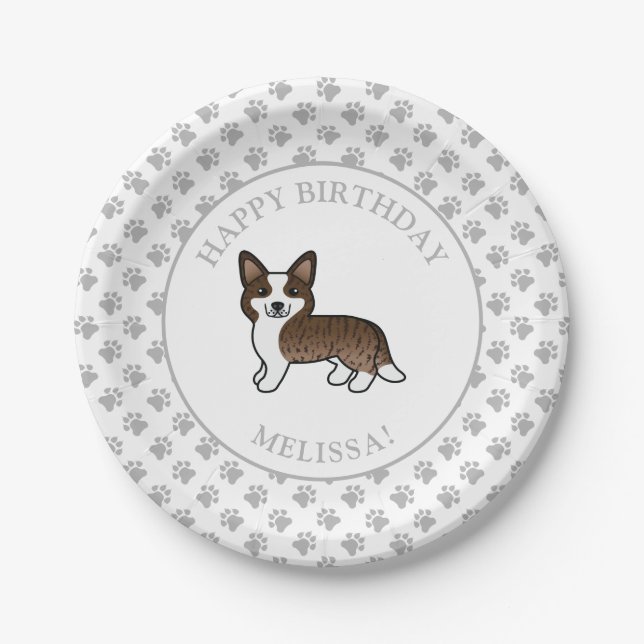 Brindle Cardigan Welsh Corgi Dog Birthday Party Paper Plate (Front)