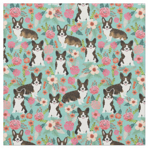 brindle corgi vintage florals mint fabric