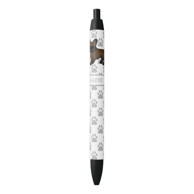 Brindle French Bulldog Cute Cartoon Dog & Name Black Ink Pen (Front Vertical)