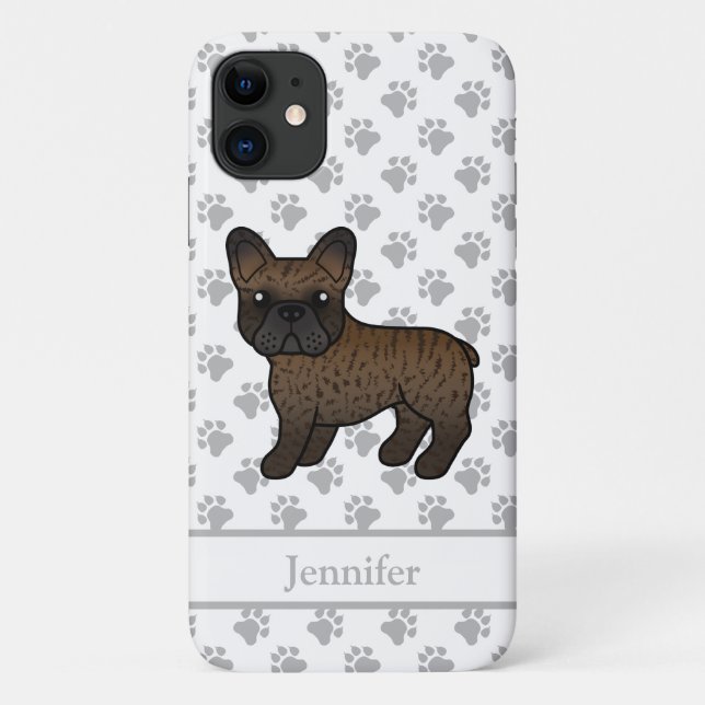 Brindle French Bulldog Cute Cartoon Dog & Name Case-Mate iPhone Case (Back)