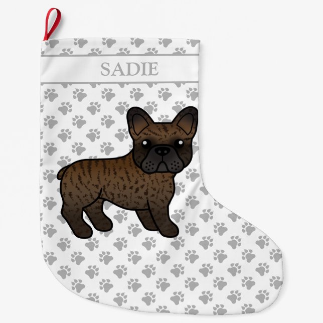 Brindle French Bulldog Cute Cartoon Dog & Name Large Christmas Stocking (Front)