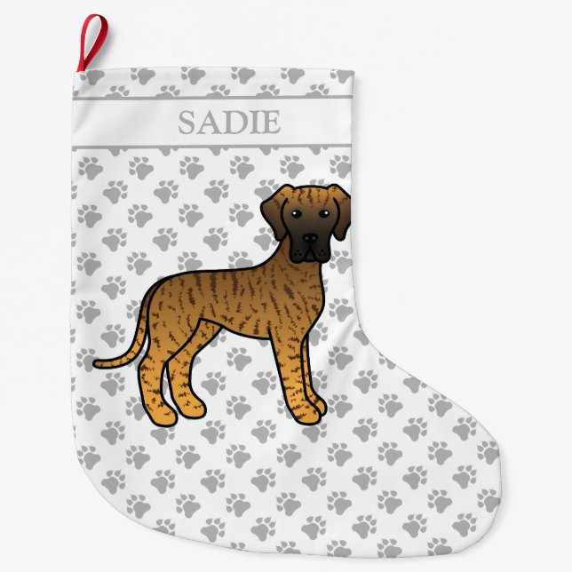 Brindle Great Dane Cute Cartoon Dog & Name Large Christmas Stocking (Front)
