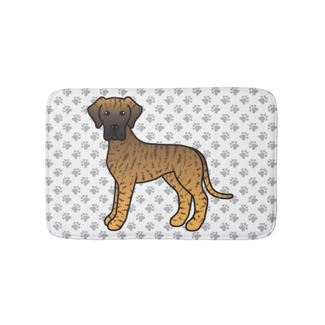 Brindle Great Dane Cute Cartoon Dog & Paws Bath Mat (Front)