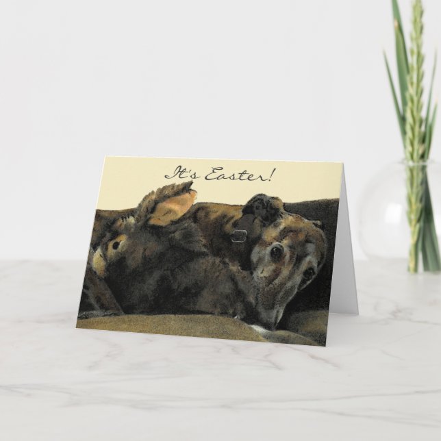 Brindle Greyhound & Bunny Easter Card (Front)