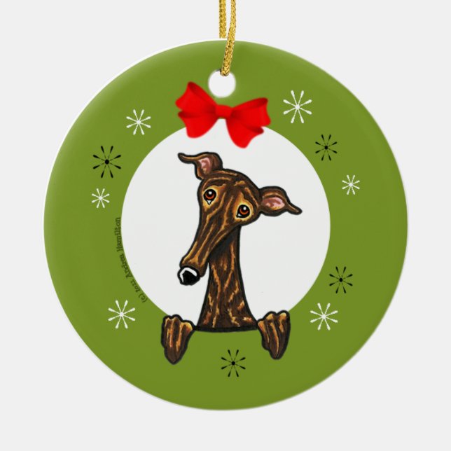 Brindle Greyhound Whippet Christmas Classic Ceramic Tree Decoration (Front)