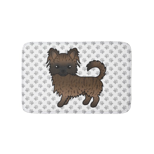 Brindle Long Coat Chihuahua Cartoon Dog & Paws Bath Mat (Front)