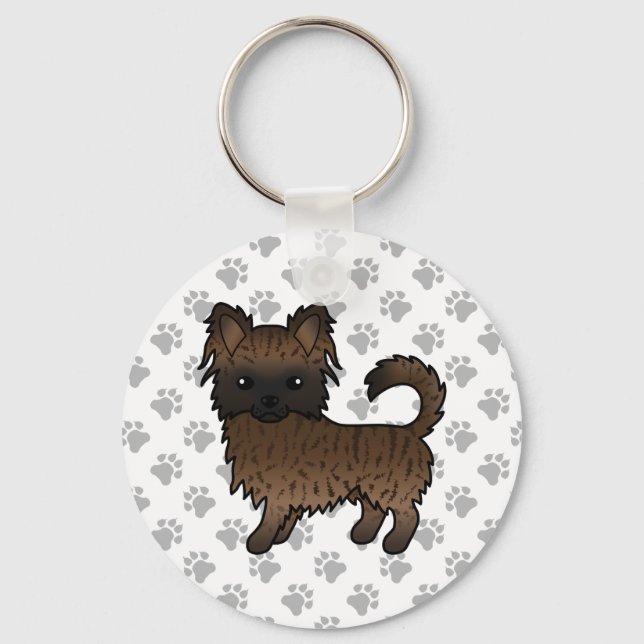 Brindle Long Coat Chihuahua Cartoon Dog & Paws Key Ring (Front)