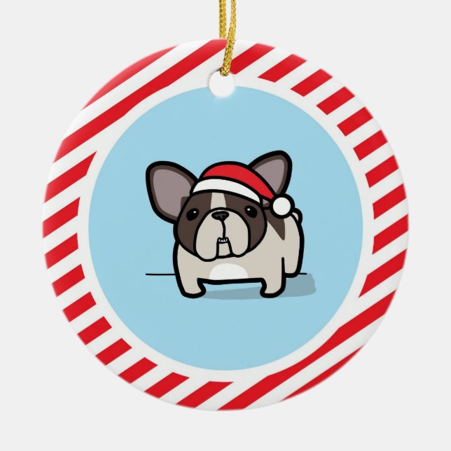 Brindle Pied Frenchie on Candy Cane Stripes Ceramic Tree Decoration (Front)