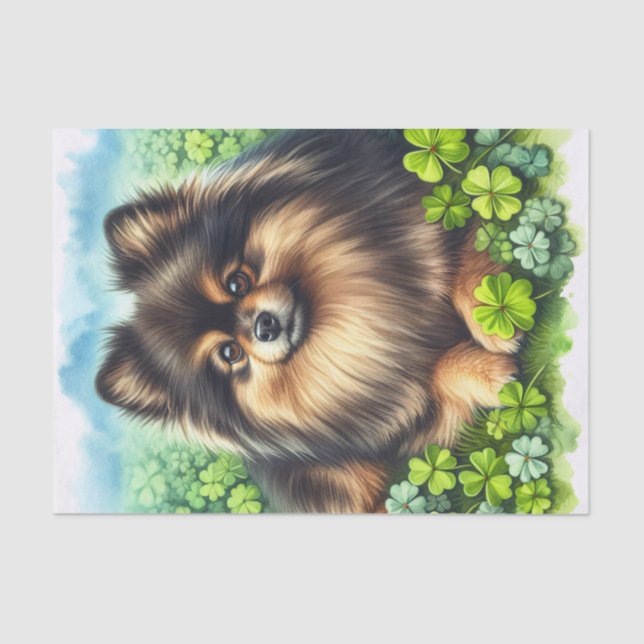 Brindle Pomeranian Watercolor Clover Decoupage Tissue Paper (Front)