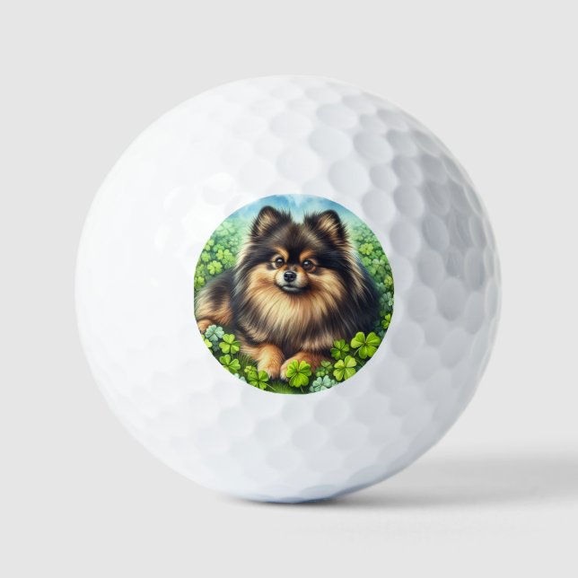 Brindle Pomeranian Watercolor Clover Shamrock Golf Balls (Front)