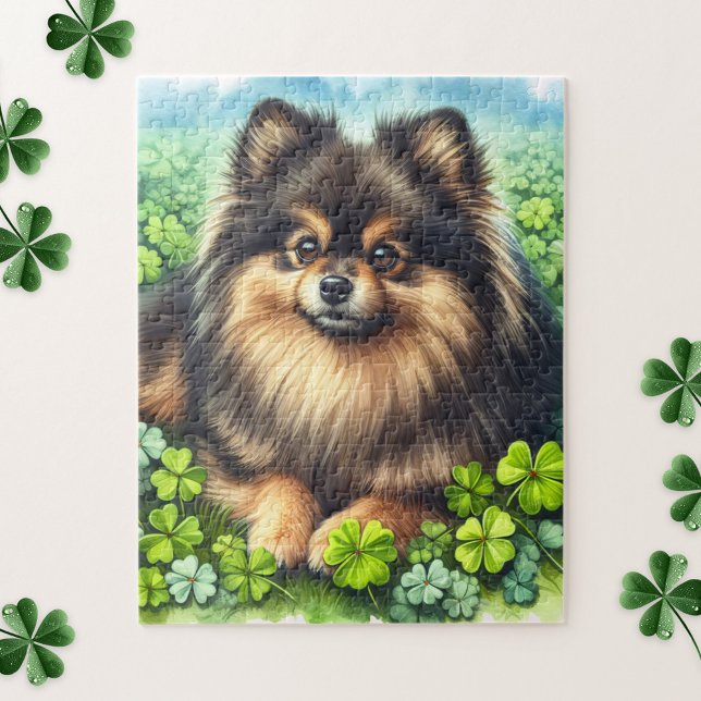 Brindle Pomeranian Watercolor Clover Shamrock Jigsaw Puzzle (Creator Uploaded)