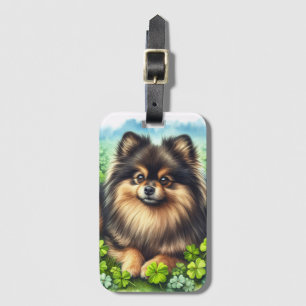Brindle Pomeranian Watercolor Clover Shamrock Luggage Tag