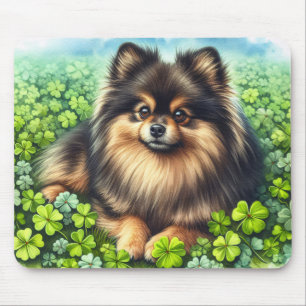 Brindle Pomeranian Watercolor Clover Shamrock Mouse Mat
