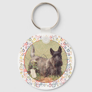 Brindle Scottish Terrier with Roses Key Ring