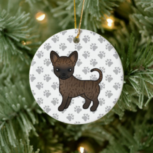 Brindle Smooth Coat Chihuahua Cartoon Dog & Paws Ceramic Tree Decoration