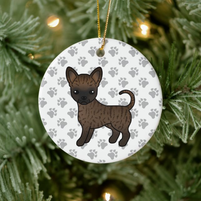 Brindle Smooth Coat Chihuahua Cartoon Dog & Paws Ceramic Tree Decoration (Tree)