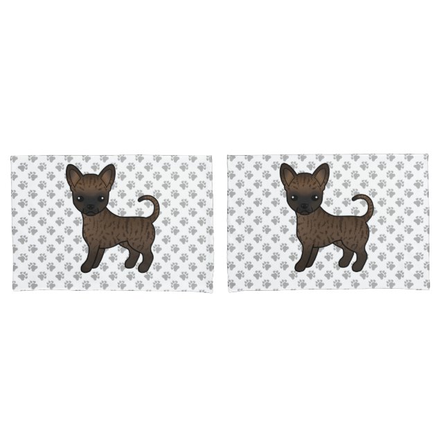 Brindle Smooth Coat Chihuahua Cartoon Dog & Paws Pillowcase (Front-Set)