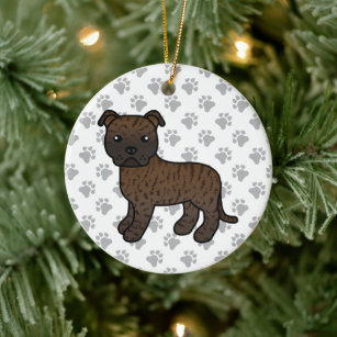 Brindle Staffordshire Bull Terrier Cartoon Dog Ceramic Tree Decoration