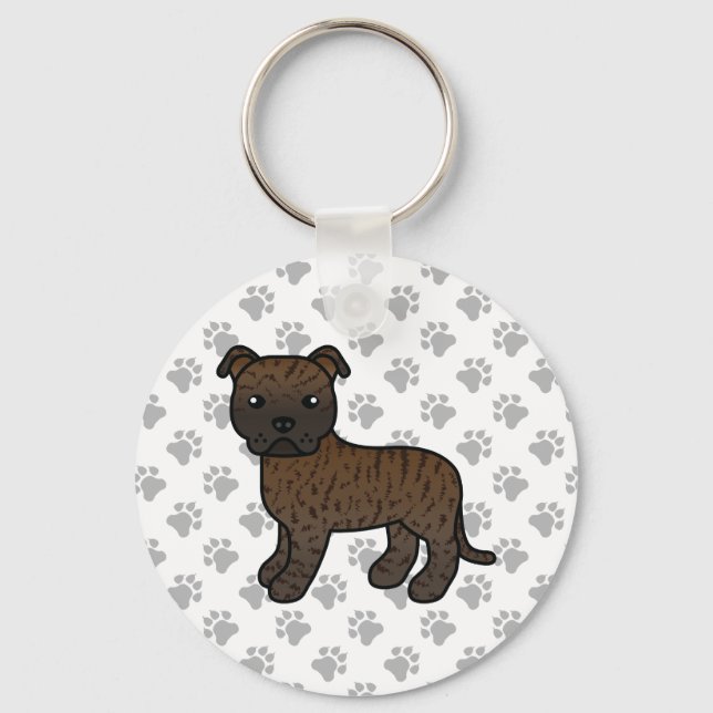 Brindle Staffordshire Bull Terrier Cartoon Dog Key Ring (Front)