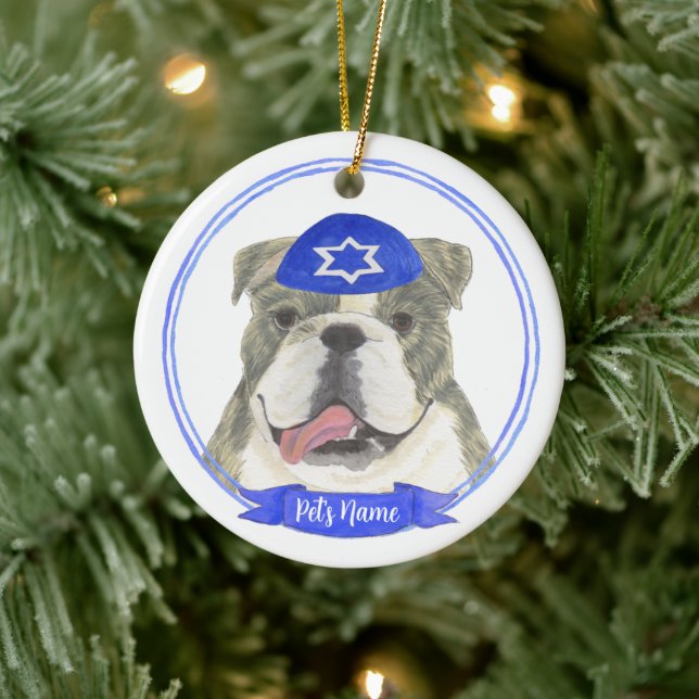 Brindle & White English Bulldog Hanukkah Ceramic Tree Decoration (Tree)