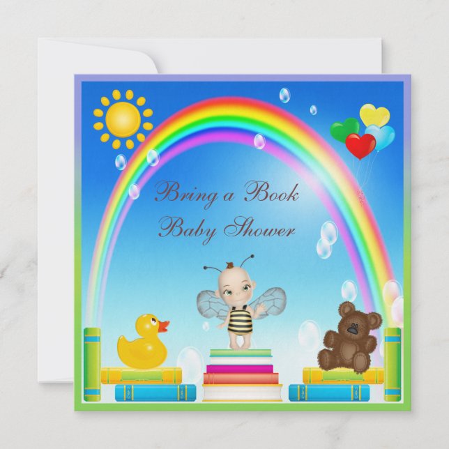 Bring a Book Baby Bee & Rainbow Baby Shower Invitation (Front)
