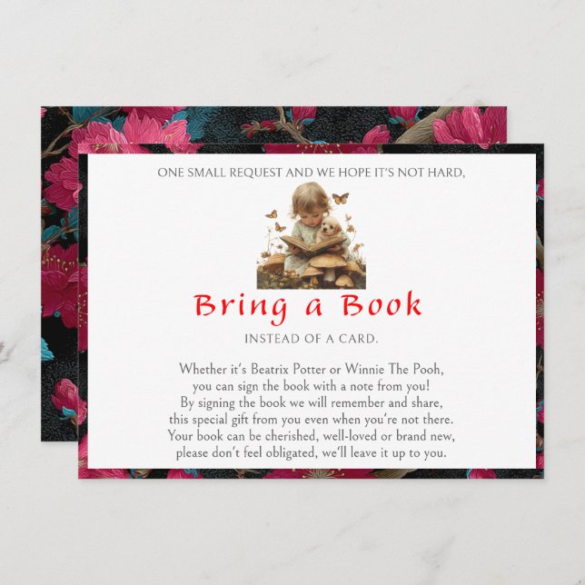 Bring a Book Baby Girl Puppy Red Flowers   Enclosure Card (Front/Back)
