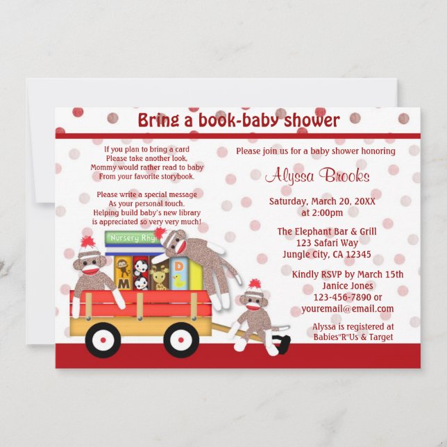 Bring a book baby shower invitation sock monkey (Front)