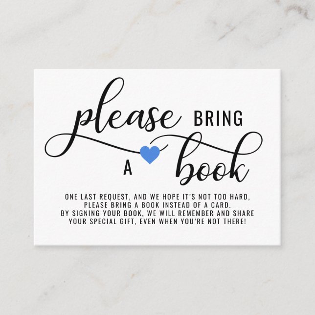 BRING A BOOK Blue Heart Baby Shower Enclosure Card (Front)