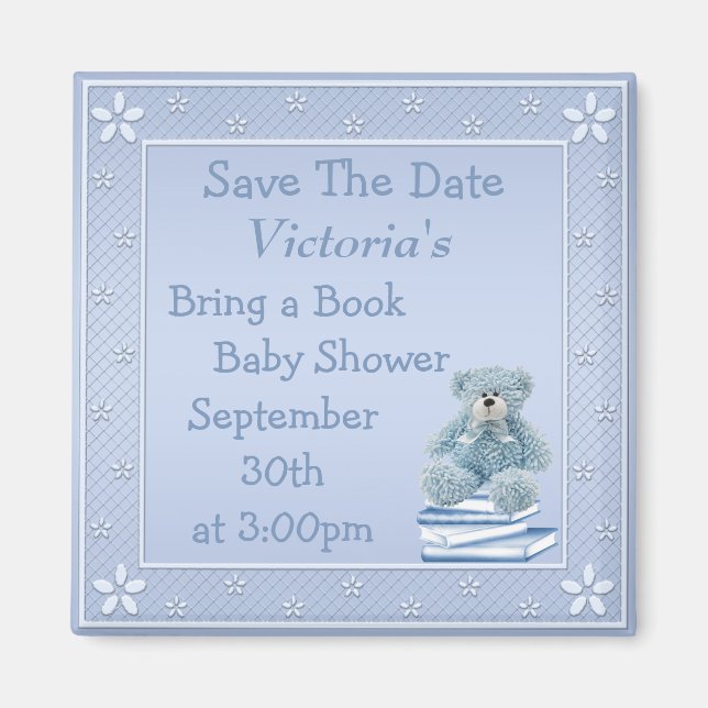 Bring a Book Blue Teddy Baby Shower Save the Date Magnet (Front)