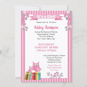 Bring a Book Pink Owls Floral Baby Shower Invitation