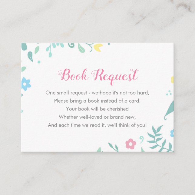 Bring A Book Request Card, Pink Floral Baby Shower Enclosure Card (Front)