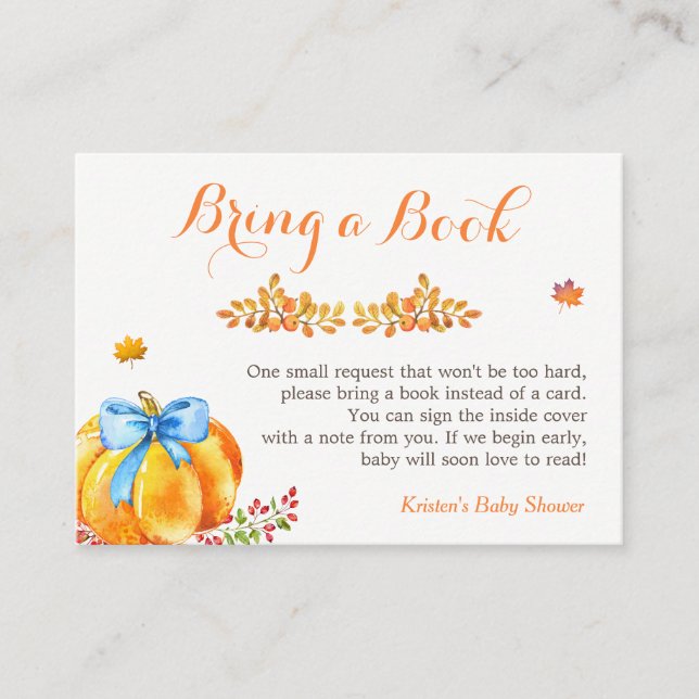 Bring A Book Request Fall Pumpkin Boy Baby Shower Enclosure Card (Front)