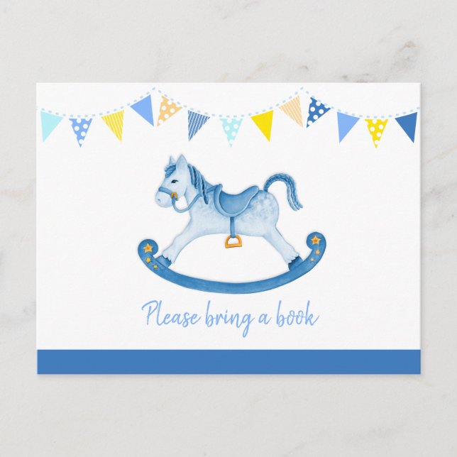 Bring a book rocking horse baby shower blue card (Front)