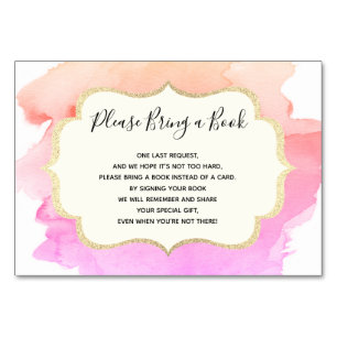 Bring a Book - Watercolor Pink GIRL Baby Shower Table Number