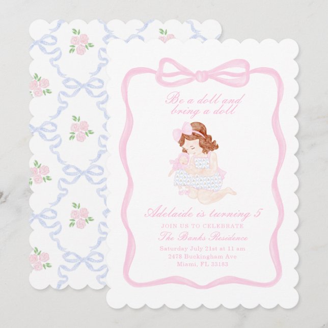 Bring a Doll Birthday Preppy Grandmillennial Invitation (Front/Back)