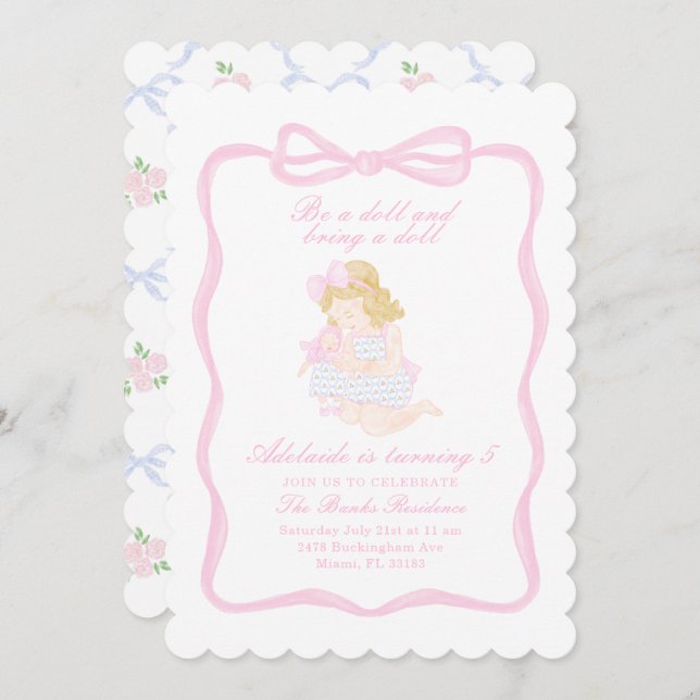 Bring a Doll Birthday Preppy Grandmillennial Invitation (Front/Back)
