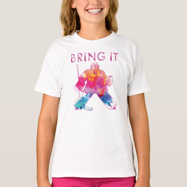 Bring It Girls Pink Hockey Goalie Watercolor T-Shirt (Front)