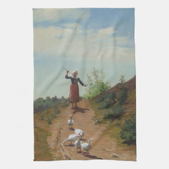 Bringing Home the Flock of Geese (by Paul Peel) Tea Towel (Vertical)