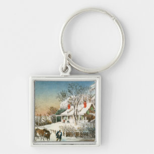 Bringing Home the Logs, Winter Landscape Key Ring