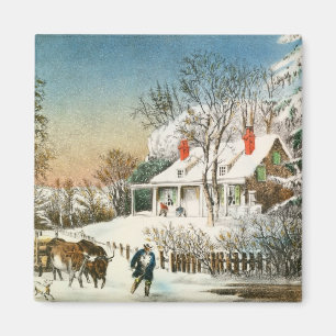 Bringing Home the Logs, Winter Landscape Magnet