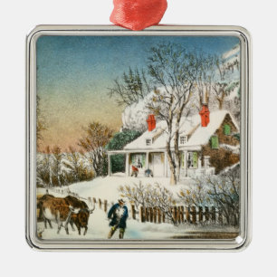 Bringing Home the Logs, Winter Landscape Metal Tree Decoration