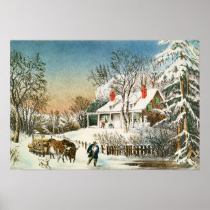 Bringing Home the Logs, Winter Landscape Poster