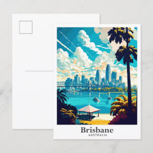 Brisbane Australia Travel Art Vintage Illustration Postcard