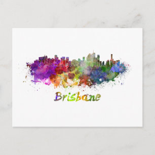 Brisbane skyline in watercolor splatters postcard