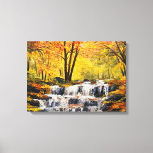 Brisk Autumn Waterfall Oil Paint Wall Art